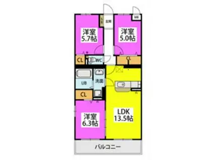 GRAN GRACE久留米南1(3LDK/3階)の間取り写真