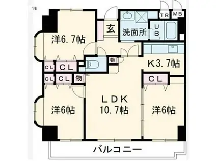ドミールコンフォール(3LDK/9階)の間取り写真