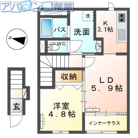 新潟市秋葉区中野アパート(1LDK/2階)の間取り写真