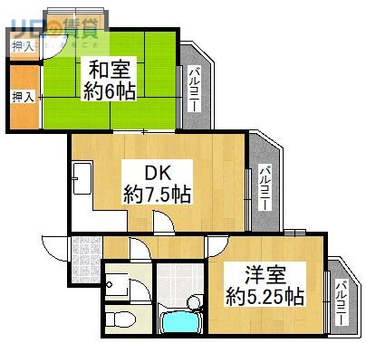 ダンディライオン宝塚II(2DK/3階)の間取り写真
