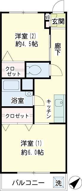 横浜スカイマンション(2K/4階)の間取り写真