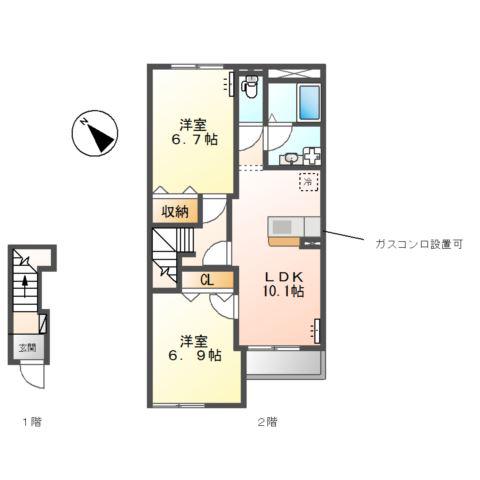 グリンパレスB(2LDK/2階)の間取り写真