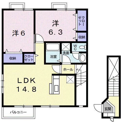 シャン・ド・フルールI(2LDK/2階)の間取り写真