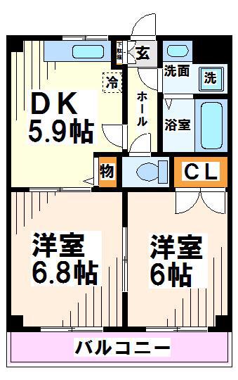 京王線 中河原駅 徒歩5分 3階建 築29年(2DK/3階)の間取り写真