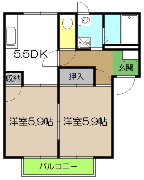 ファミール一柳B棟(2DK/1階)の間取り写真