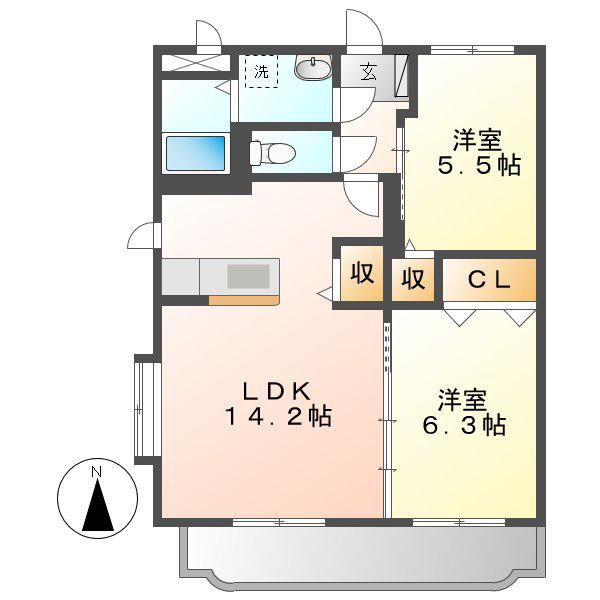 グランメールK(2LDK/2階)の間取り写真