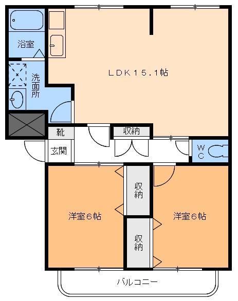 ヴァンヴェール久米(2LDK/2階)の間取り写真