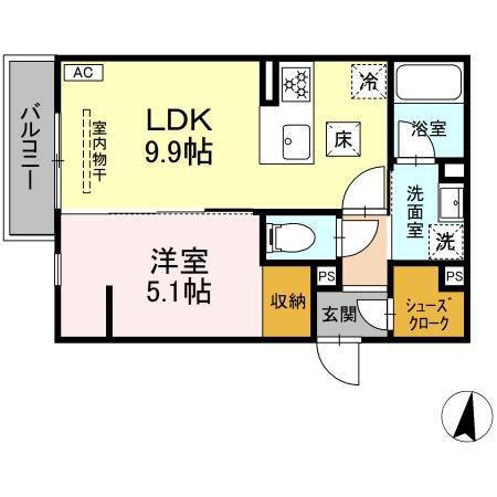 ディーブレス川崎 イースト(1LDK/2階)の間取り写真