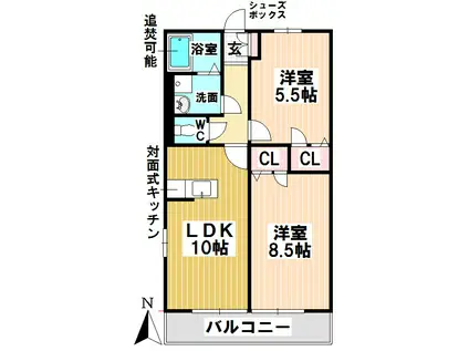 アウラガーデンA・B(2LDK/2階)の間取り写真