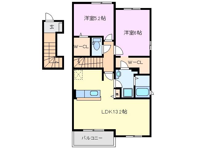 パークサイドミッチィーB棟(2LDK/2階)の間取り写真