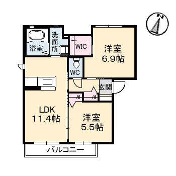 クラヴィエ I B棟(2LDK/2階)の間取り写真