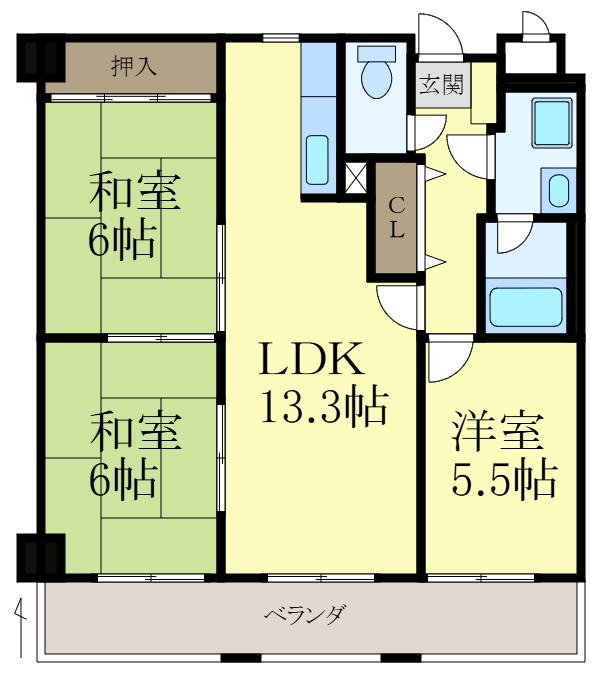 岡長マンション(3LDK/1階)の間取り写真
