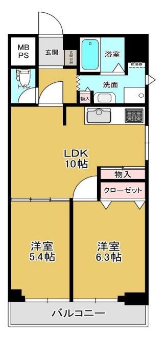 ユニハイム夕陽丘(2LDK/2階)の間取り写真