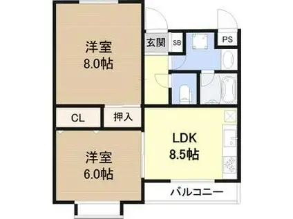 ロワゾーブルー平野(2LDK/3階)の間取り写真