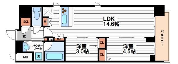 スプランディッド本町グラン(2LDK/3階)の間取り写真
