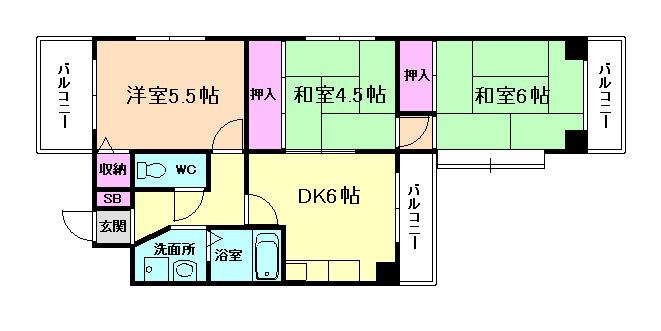 シュロス五月山(3DK/5階)の間取り写真