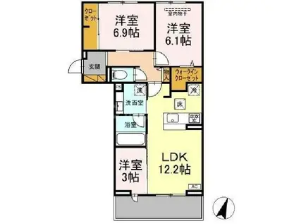 リシェスみのり台 A・B・C B棟(3LDK/3階)の間取り写真