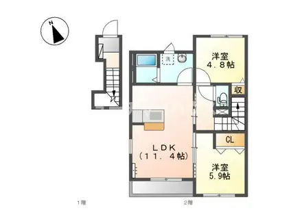 ROSE TIARA(2LDK/2階)の間取り写真