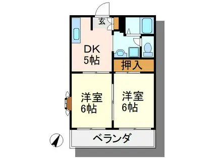 東武伊勢崎線 竹ノ塚駅 徒歩5分 2階建 築32年(2DK/2階)の間取り写真