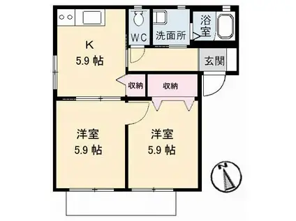 フローラルコートB棟(2K/1階)の間取り写真