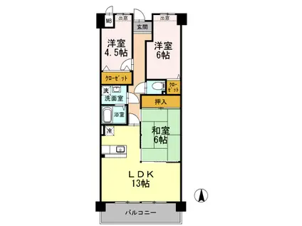 プラザハイツ二ツ屋 B棟(3LDK/1階)の間取り写真