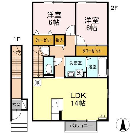デュード・ボヌール(2LDK/2階)の間取り写真