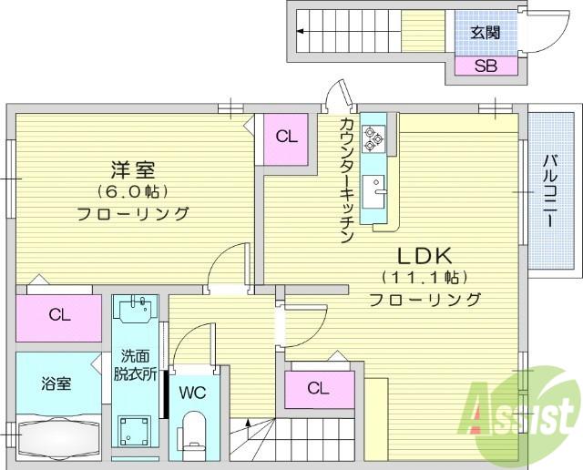 カーサ ド ソレイユ(1LDK/2階)の間取り写真