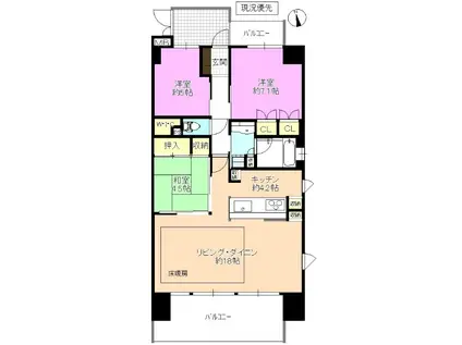 ポレスター三輪セントラルレジデンス(3LDK/2階)の間取り写真