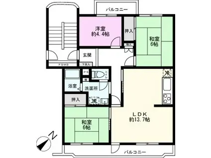 藤和春日部ハイタウン1号棟(3LDK/4階)の間取り写真