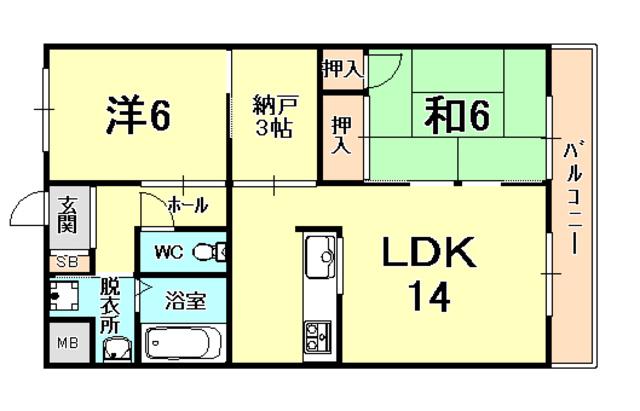レインボー甲東(2SLDK/3階)の間取り写真