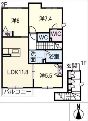 フェリシエ八町(3LDK/2階)の間取り写真
