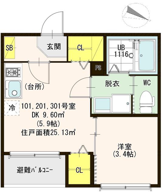 ハーモニーテラス新喜多東(1DK/3階)の間取り写真