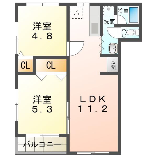 ピュアライフ佐矢野(2LDK/2階)の間取り写真