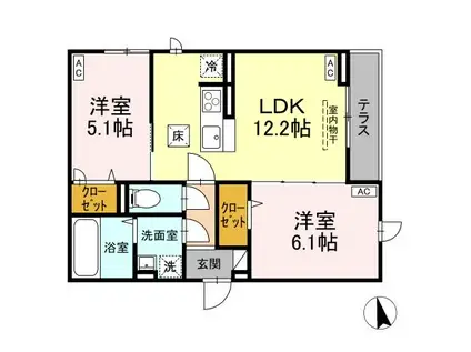 ディールーム田町B(2LDK/1階)の間取り写真