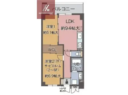 パラファーレ玉造(2LDK/4階)の間取り写真