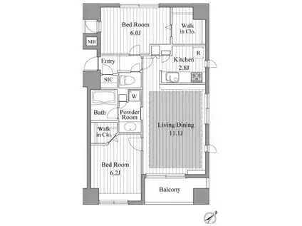 レジディア新川II(2LDK/10階)の間取り写真
