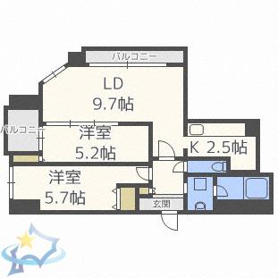 レジディア南一条イースト(2LDK/6階)の間取り写真