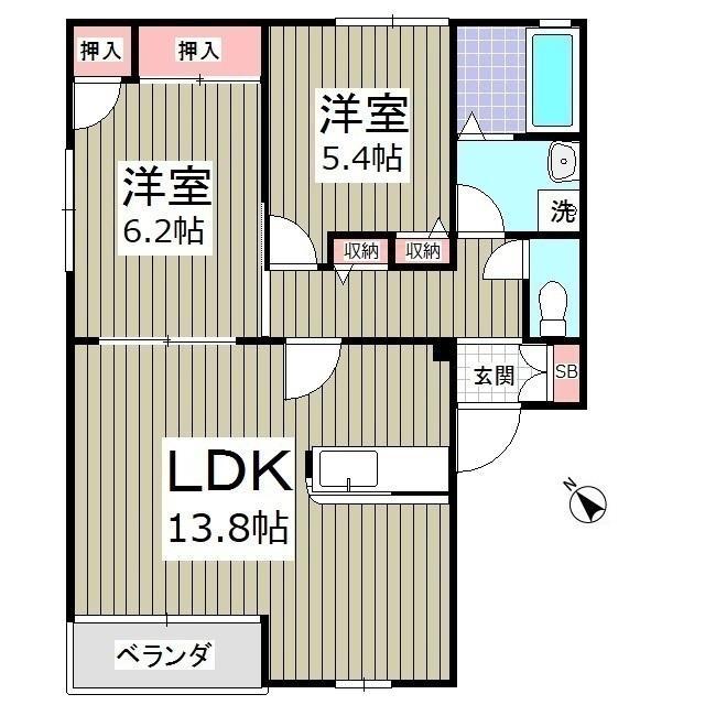 グランドハイツC棟(2LDK/2階)の間取り写真
