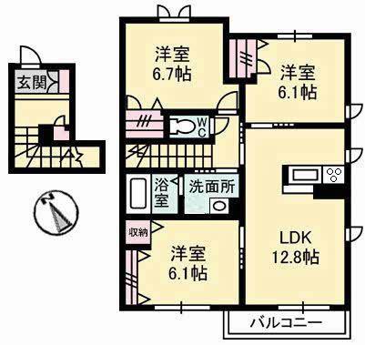 ラフィネB棟(3LDK/2階)の間取り写真