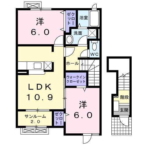 メイク・レジェンドA棟(2LDK/2階)の間取り写真