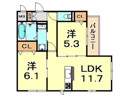 ベレッツァ甲南山手(2LDK/3階)の間取り写真