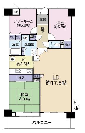 ルイシャトレ須磨名谷(3LDK/8階)の間取り写真