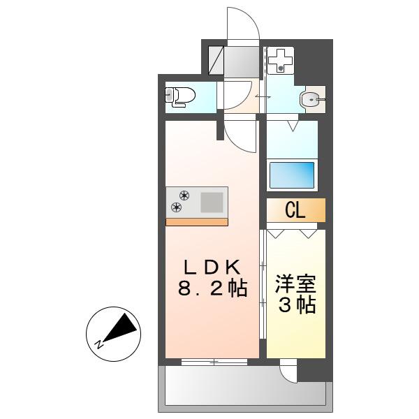ディアレイシャス名古屋大須通(1LDK/13階)の間取り写真