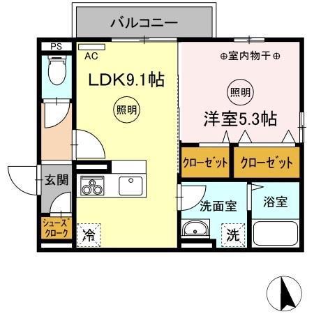 ユニヴェールB棟(1LDK/2階)の間取り写真
