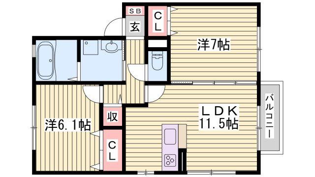 ウィルモア垂水C棟(2LDK/1階)の間取り写真