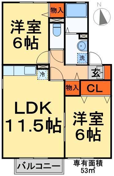 ガーデンコートB(2LDK/2階)の間取り写真