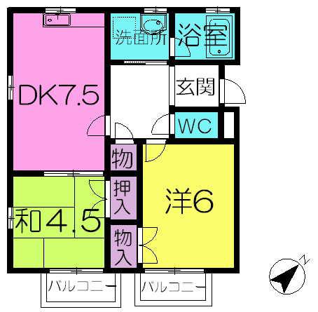 学園前サザンコートB棟(2DK/1階)の間取り写真