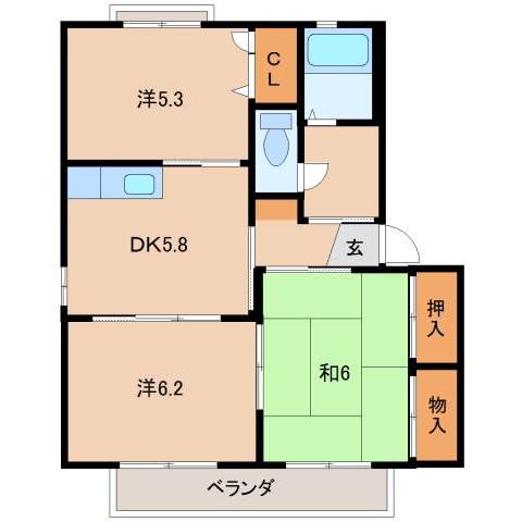 ヴィレッジせせらぎII(3DK/2階)の間取り写真