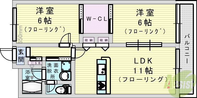カーメルハイツⅡ(2LDK/2階)の間取り写真