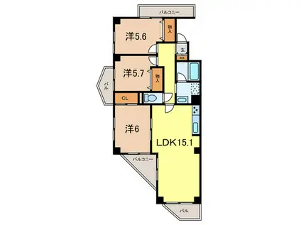 ユーコート甲陽園(3LDK/3階)の間取り写真